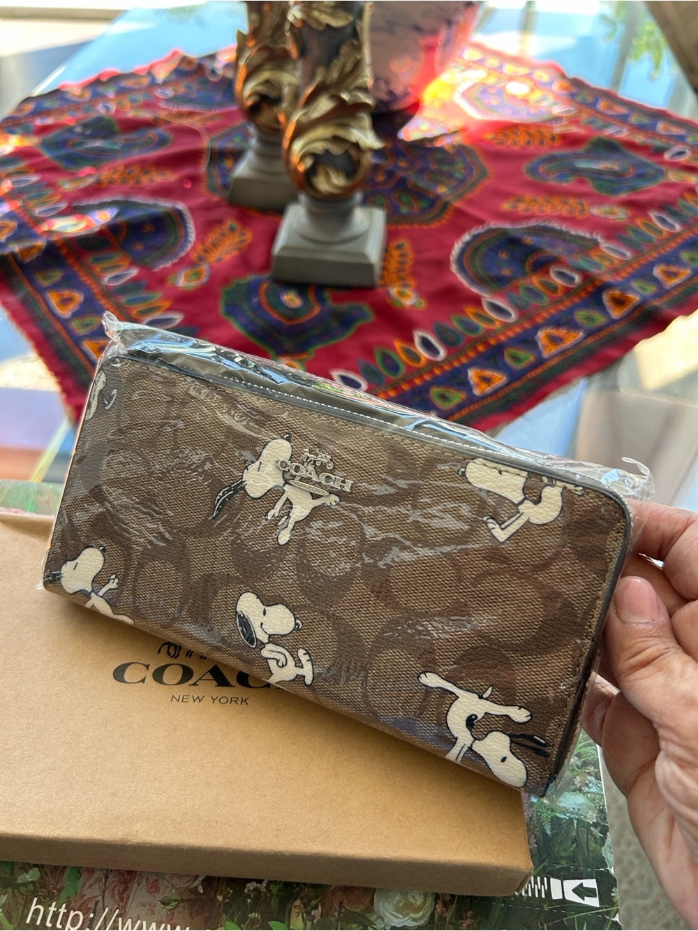 Coach Brown Signature Zip Wallet with Snoopy Print